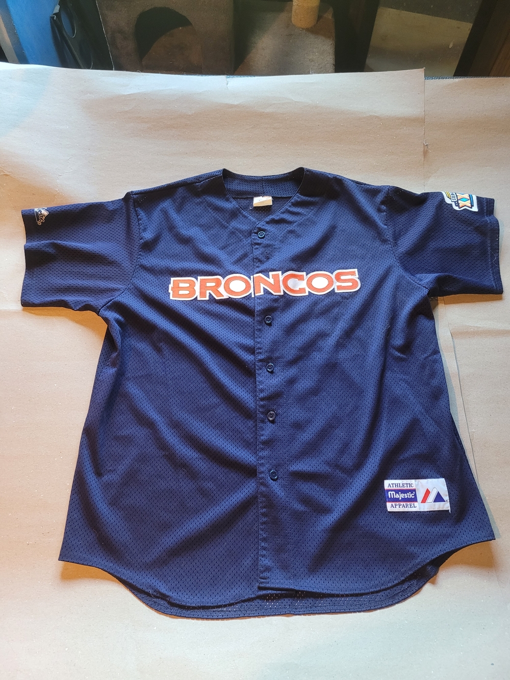 Broncos Navy Majestic Button-Up Baseball Jersey Superbowl 33 Emblem